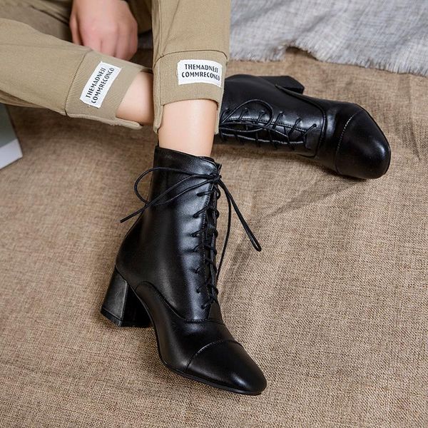

boots lace-up square toe thick heel ankle cross straps plush lining to keep warm white autumn and winter 2021, Black
