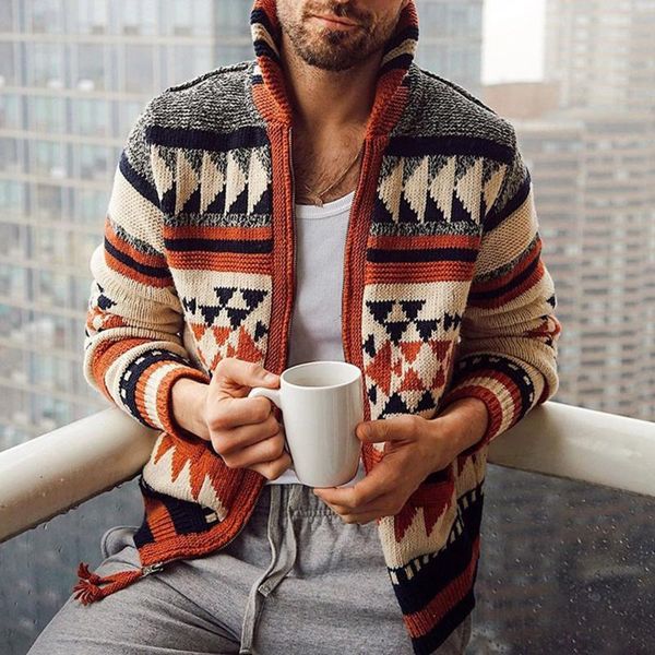 

men's sweaters winter knitted sweater coat geometric patterns long sleeve cardigan full zip male causal jacquard jacket#g3, White;black