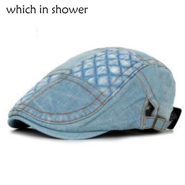 

berets which in shower casual plaid denim beret hat for women men adjustable vintage flat cap jean sboy spring summer, Blue;gray