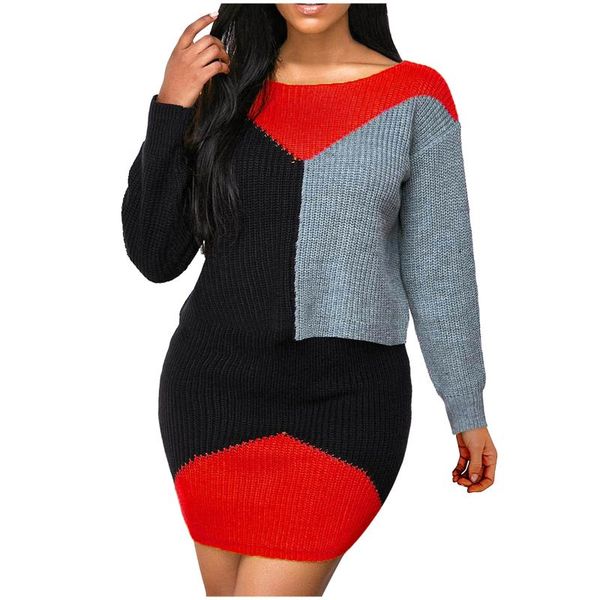 

casual dresses 2021 autumn winter knitted mini dress women elegant office lady short long sleeve patchwork warm sweater, Black;gray
