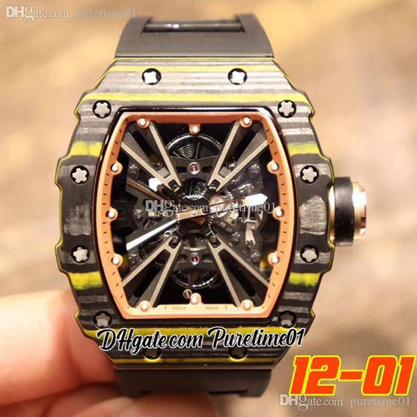

black yellow carbon fiber miyota automatic mens watch skeleton dial orange inner rubber strap super edition puretime01 1201b2, Slivery;brown