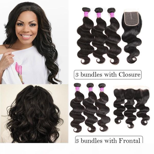 

brazilian body wave 3 bundles virgin human hair weave bundles with closure ear to ear lace frontal with bundles peruvian extensions, Black;brown