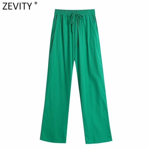 

women's pants & capris zevity 2021 women solid green color back pocket patch casual straight female chic elastic waist summer long trou, Black;white