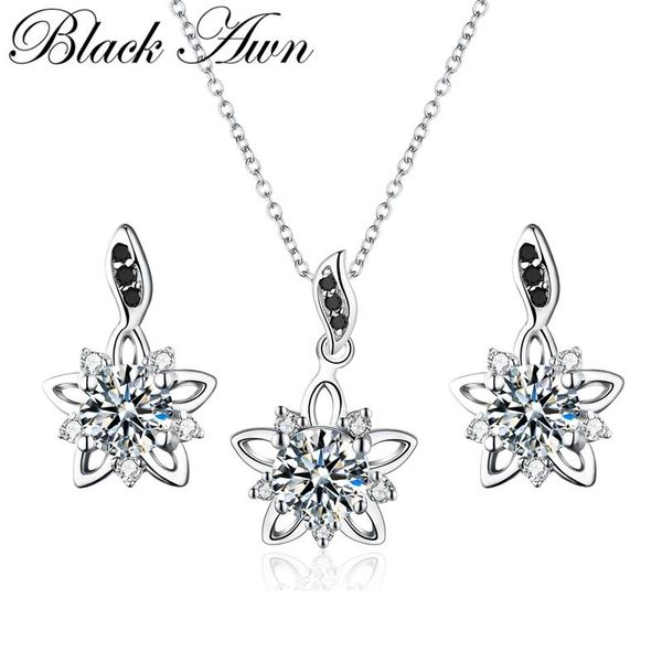 

bracelet, earrings & necklace [black awn] 925 sterling silver jewelry sets classic black spinel wedding women's flower pendant set z002