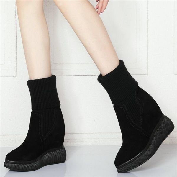 

boots platform pumps women cow leather pointed toe wedges high heel ankle female knitting stockings fashion sneakers, Black