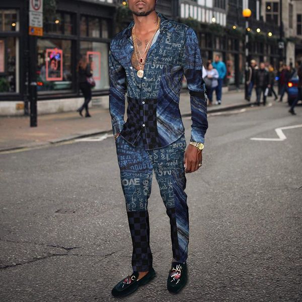 

men's tracksuits autumn casual wear suit male 3dpolygonal diamond printing long-sleeved lapel button cardigan+trousers two-piece q177, Gray