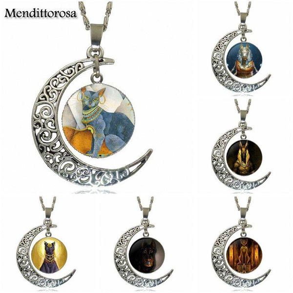 

pendant necklaces for silver color glass cabochon with hollow out moon shaped choker necklace ancient egyptian cat goddess statue