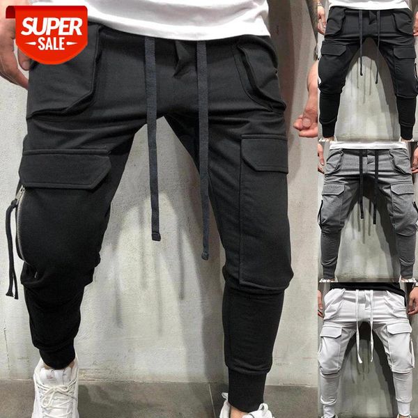

m-xxxl sporty men solid color drawstring multi-pockets cargo pants ankle tie trousers men casual fashion casual trousers #z76c, Black