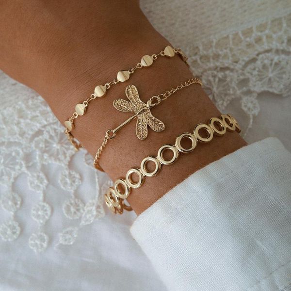 

3pcs/sets bohemian butterfly dragonfly gold chain bracelets for women charming bead hollow geometric jewelry 147932021, Golden;silver