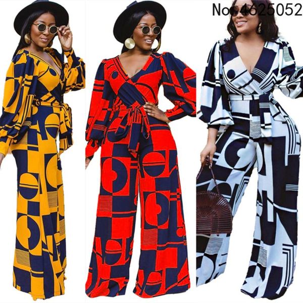 

ethnic clothing 2021 autumn winter european american african style v-neck high waist print wide leg straight jumpsuits for women, Red