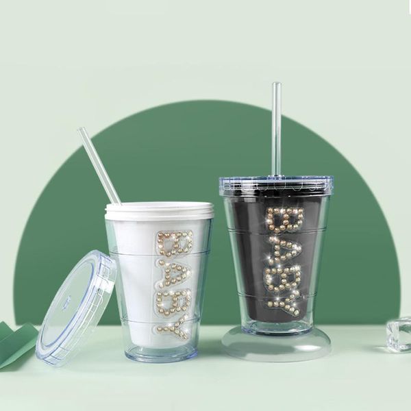 

mugs straw cup with dome lids double wall coffee reusable plastic water bottle fruit milk mug christmas party gift