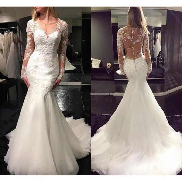 

new vintage arabic mermaid wedding es 2021 trouwjurk long sleeve bridal gowns sheer illusion beach lace mariage customed iqne, White