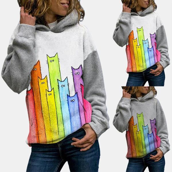 

women's hoodies & sweatshirts hoodie autumn winter fashion trend cat loose hooded printed sweatshirt pullover long sleeve chandail c50, Black