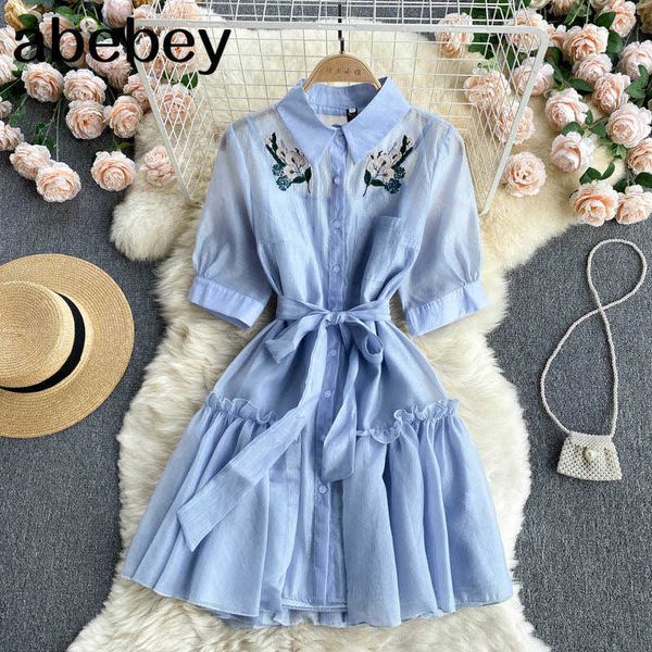 

women chiffon french dress turndown-collar puff sleeve single breasted dresses summer sweet embroidery short sundress 210715, Black;gray