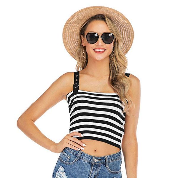 

women's tanks & camis women metal buckle crop fashion striped sleveless tank summer print short beach vest female clothing, White