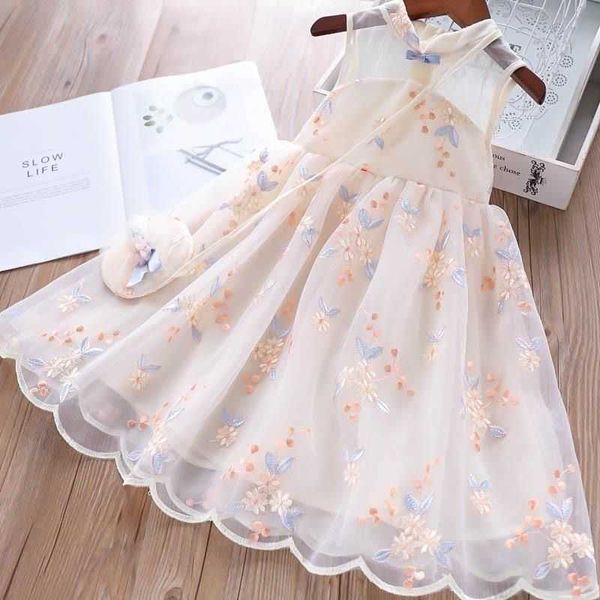 Sommerkleidung Hanfu Mädchen Kleid 2021 Neue Mode Kinder Vintage Netzgarn Kleid Kinder Kleider für Mädchen Hochzeit von 11 Jahren Q0716