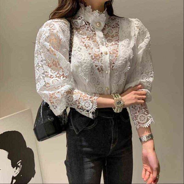 

chic women shirts lace sheer blouse office lady long sleeve shirt fashion white female