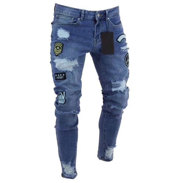 

men's jeans nanaco men stretchy ripped skinny biker embroidery print destroyed hole taped slim fit denim scratched male pants, Blue