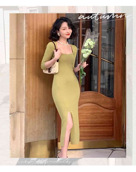 

casual dresses women retro autumn party knitted dress slim slit mid-length elegant female vestidos xu6o, Black;gray