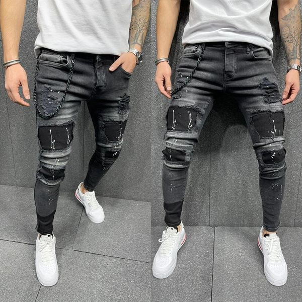 

men ripped ny jeans biker black troubled slim fit potlead rits denim printing casual broek, Blue