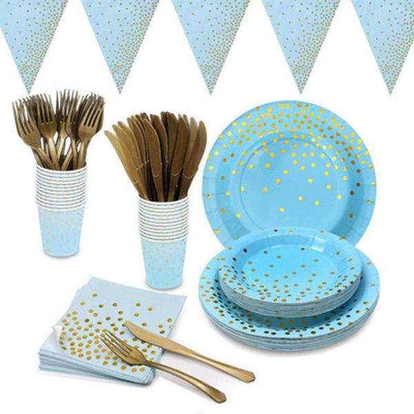 Einweggeschirr, blaue Goldfolie, Geburtstagsparty, Jäten, Dekoration für Erwachsene, Pappbecher-Teller-Set