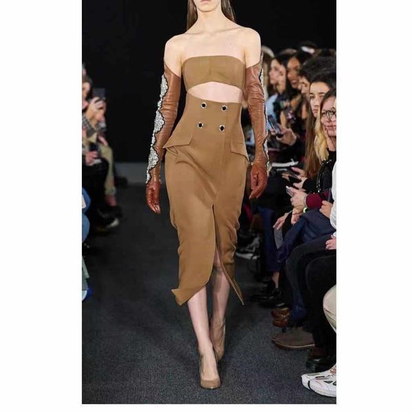 

two piece dress khaki maxi women sleeveless waist side split set vintage elegant evening party vint luvc, White