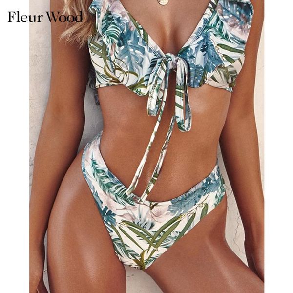 

women's swimwear fleur wood bikini set leaves print ruffle beachwear bathing suit backless swimsuit saida de praia biquini, White;black