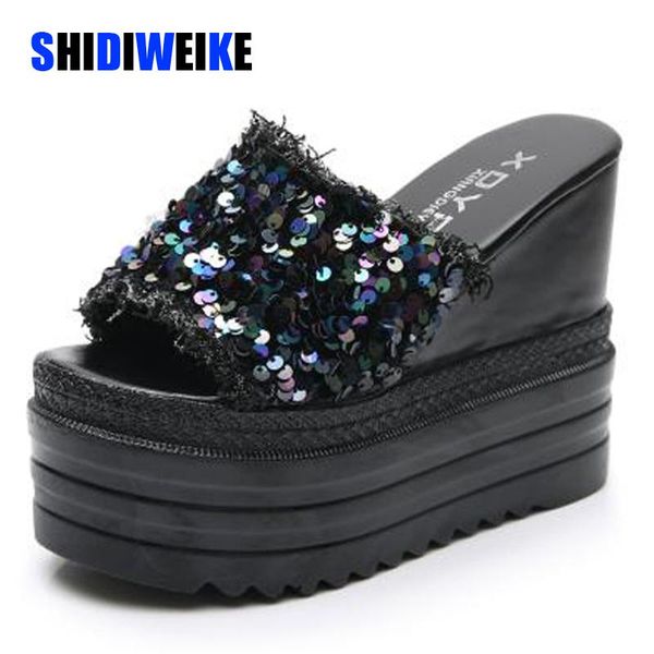 

slippers women bling high heel pumps ladies mules wedding shoes wedges slides party sandals platform slipper peep toe zapatos de mujer, Black