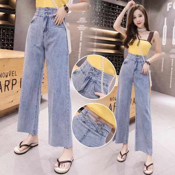 

women's jeans 2021 summer korean version of the new high waist loose jeans women wide leg pants back cross tide, Blue