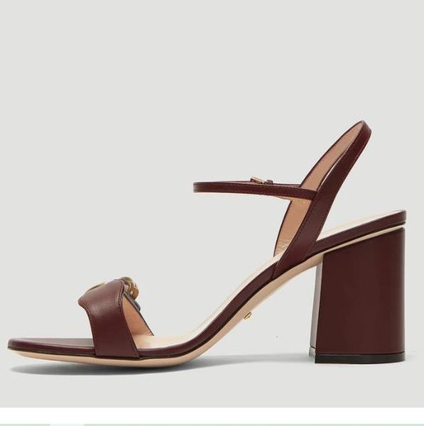 

fashion women leather sandals letter gold-tone metal summer designer lady ankle strap buckle mid heel rubber outsole sandal size35-42, Black