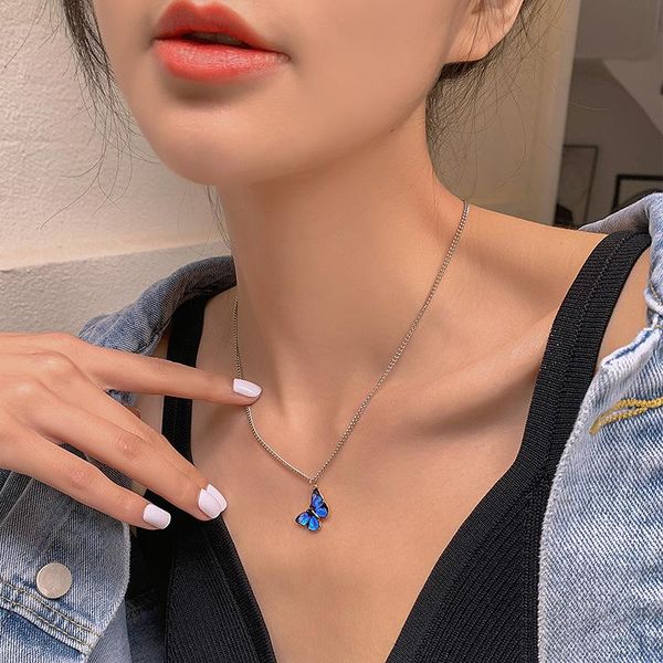 

pendant necklaces xxixx blue purple black pink butterfly metal necklace women trendy simple wild dangle clavicle chain jewelry x-107, Silver