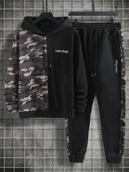

men camo print letter embroidery drawstring hoodie & sweatpants s2hl#, Gray