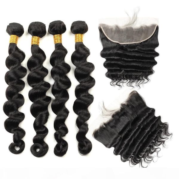 

indian hair loose deep human hair bundles with closure kinky curly straight 3 4 bundles with lace frontal peruvian body wave deep wave, Black