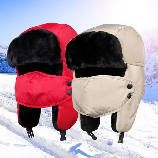 

berets winter face mask earflap plush lined hat thick warm outdoor riding cap windproof, Blue;gray