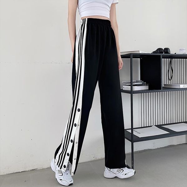 

spring summer solid wild straight womens pants wide leg korean joggers sweatpants black high waist side stripe casual, Black;white