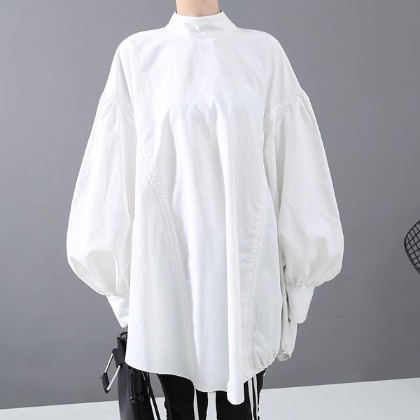 

women's blouses & shirts long sleeve loose fit shirt fashion spring autumn 2021 women back drawstring big size blouse satnd collar, White