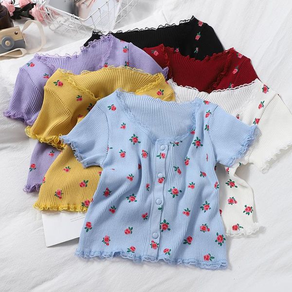 

women's knits & tees lace knitted cardigan crop woman black white purple flower vintage sweaters pink yellow cute short 2021 summer