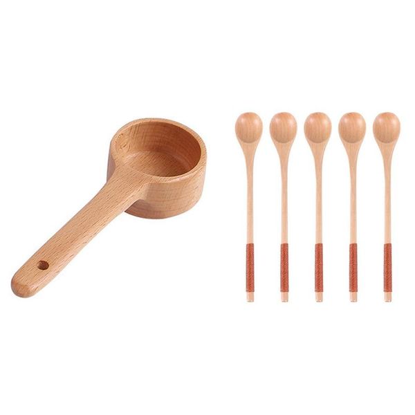 

long handle natural wooden spoon wood tableware kitchen soup spoon ladle scoop with 5 pcs wooden spoons