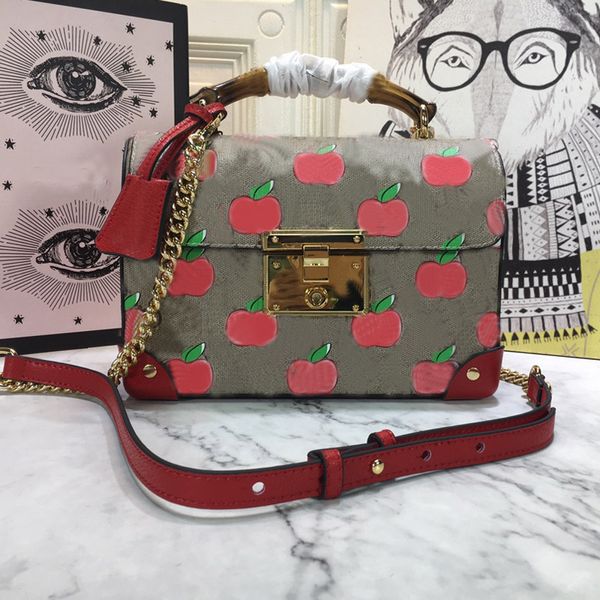 Borsa a tracolla baule con manico in bambù Borse a mano Pochette Ciliegia Borse da donna Portafoglio Borsa in pelle Mele rosse Lettere Portafogli vintage Borse da donna