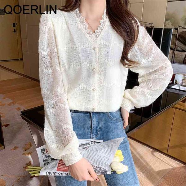 

ivory lace women shirt embroidery hollow out summer v neck long sleeve see through lantern s 210601, White