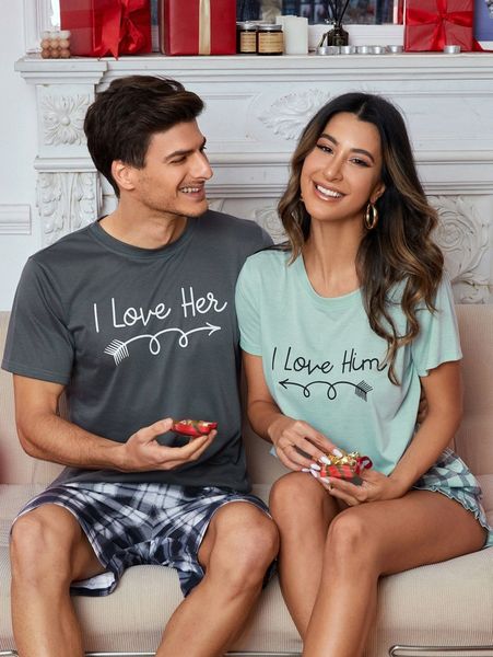 

men 1pc slogan graphic tee & 1pc plaid print shorts pj set h4sa#, Black;brown