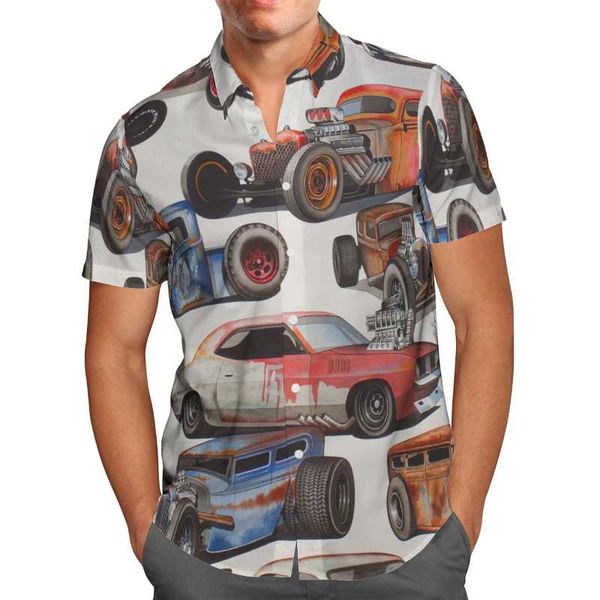 

men's casual shirts vintage 3d print cars beach hawaiian 2021 summer shirt short sleeve streetwear oversized 5xl camisa social chemise, White;black