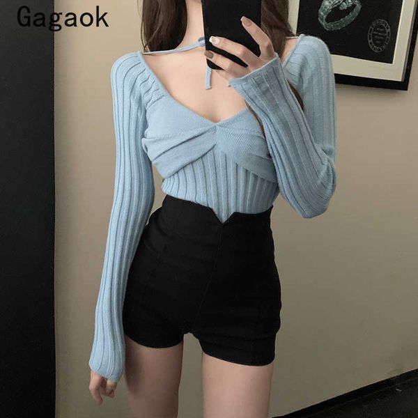 

knitted sweater spring autumn v-neck full solid slim sweaters korean chic simple fashion wild pullovers 210531, White;black