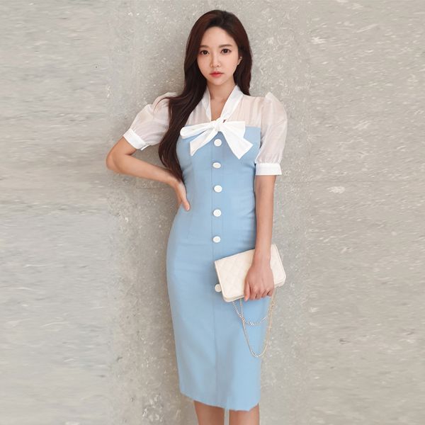 

new arrival fashion party patchwork cute women elegant summer temperament office lady bow slim pencil dress 9yqn, White;black