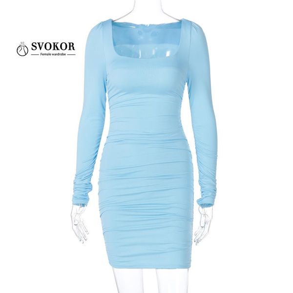 

casual dresses svokor blue slim long sleeve pleated solid women dress fashion square neck mini bodycon party summer night street clothe, Black;gray