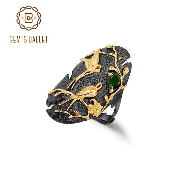 

cluster rings gem's ballet 925 sterling silver handmade golden love bird art ring jewelry nature chrome diopside adjustable for women, Golden;silver