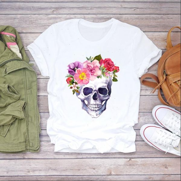

women 2021 skull flower vintage short sleeve fashion summer shirt t shirts t graphic female ladies womens tee t shirt, White