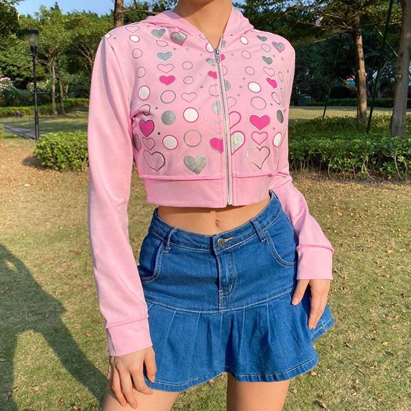 

women's hoodies & sweatshirts pink cute y2k women colorful heart print kawaii pullovers zip up long sleeve 90s aesthetic cropped autumn, Black