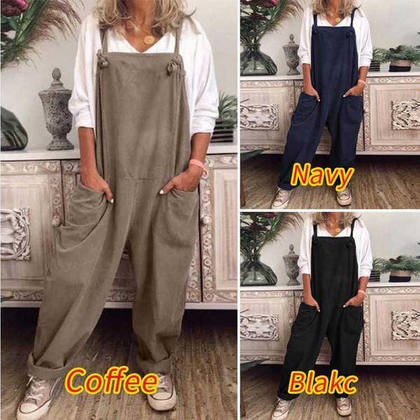 

solid color pocket strap casual loose pants women's work clothes, Black;white