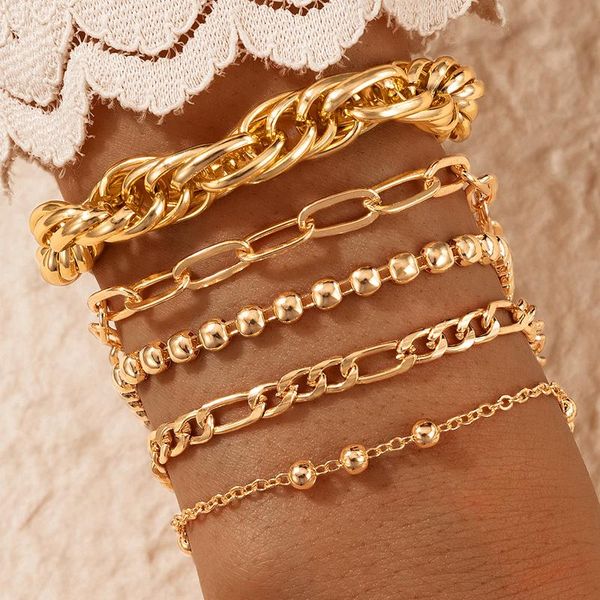 

charm bracelets 5pcs/set punk cuban thick chain bracelet set for women bohemian geometry hollow alloy metal party gold jewelry 17078, Golden;silver